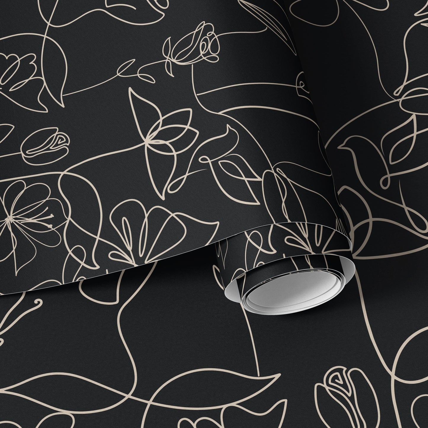 Dark Botanical Line Art Wallpaper: Black & Beige Floral Mural