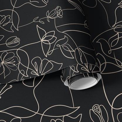 Dark Botanical Line Art Wallpaper: Black & Beige Floral Mural