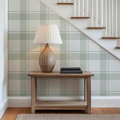 Soft Sage Green Plaid Wallpaper | Neutral Linen Look | Woodland Cabin Boy Nursery Bedroom Wallpaper | Traditional Prepasted And Peel & Stick
