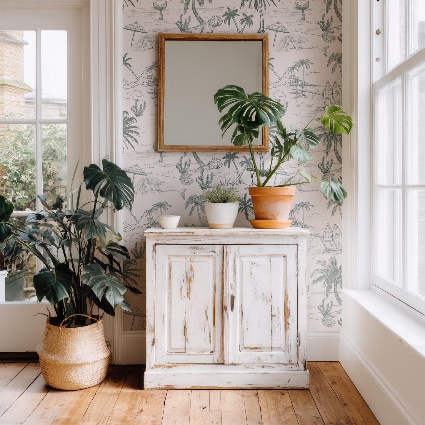 Pink Coastal Toile Wallpaper Green Palm Beach Scene Peel & Stick For Feminine Coastal Nursery Decor Soft French Coastal For Guest Bedroom