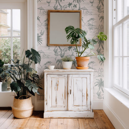 Pink Coastal Toile Wallpaper Green Palm Beach Scene Peel & Stick For Feminine Coastal Nursery Decor Soft French Coastal For Guest Bedroom