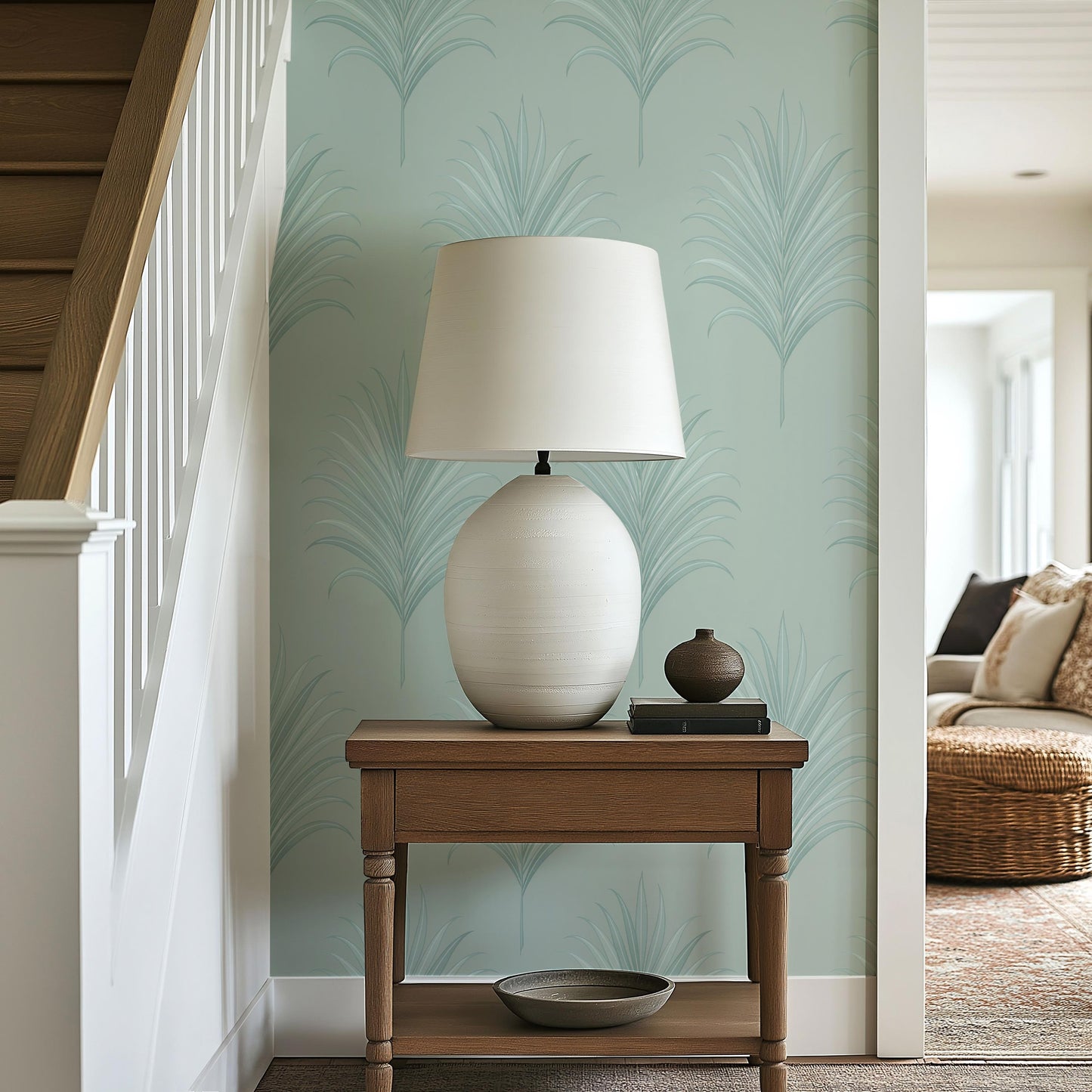 Coastal Palm Wallpaper | Sea Green Tropical Leaf Accent Wall | Art Deco Style | Beach House Wall Mural | Removable Peel and Stick & Unpasted