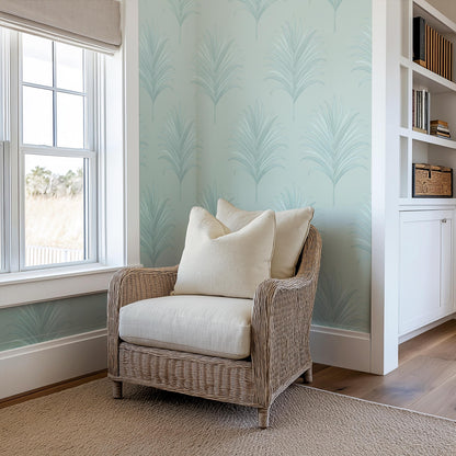 Coastal Palm Wallpaper | Sea Green Tropical Leaf Accent Wall | Art Deco Style | Beach House Wall Mural | Removable Peel and Stick & Unpasted