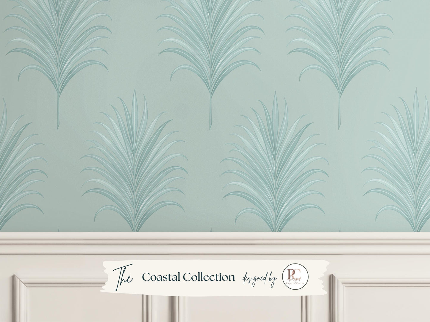 Coastal Palm Wallpaper | Sea Green Tropical Leaf Accent Wall | Art Deco Style | Beach House Wall Mural | Removable Peel and Stick & Unpasted