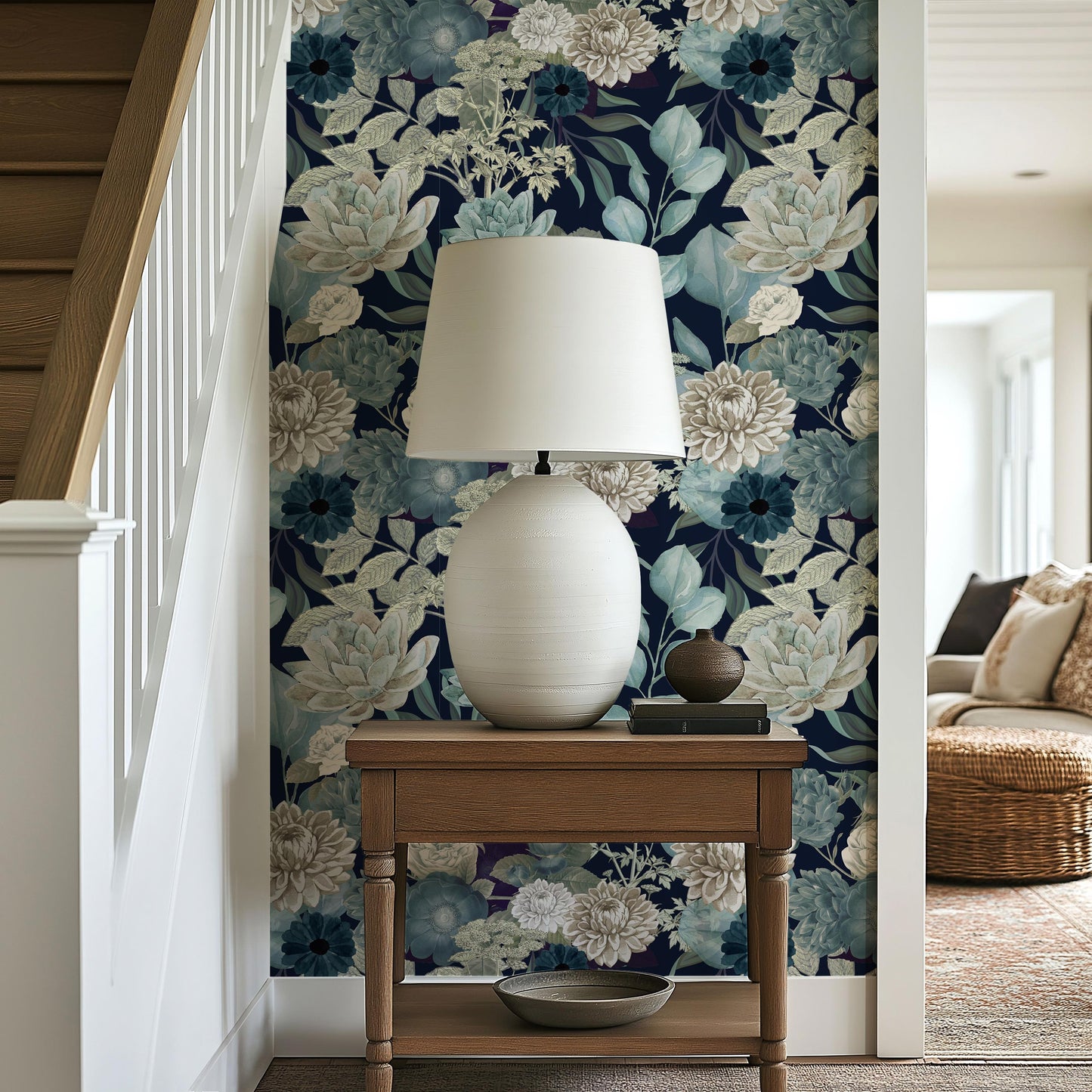 Dark Blue Botanical Peel and Stick Wallpaper Elegant Floral Mural Wall Covering For Living Room, Bedroom, Bathroom, or Office