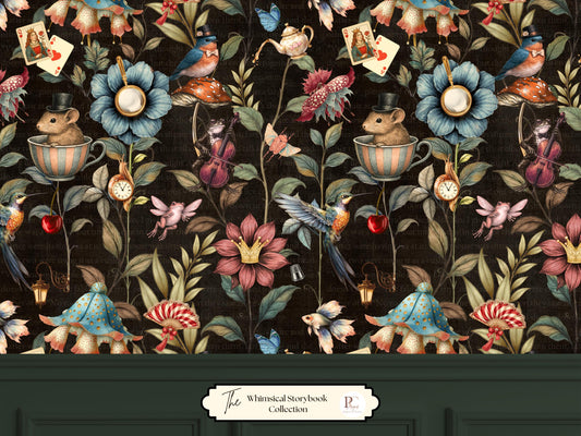 Dark Whimsical Botanical Wallpaper, Moody Vintage Storybook Floral, Dark Academia Mural, Eclectic Victorian Decor, Premium Peel & Stick