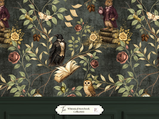 Dark Whimsical Gothic Raven Wallpaper | Moody Vintage Botanical Mural | Dark Academia Decor