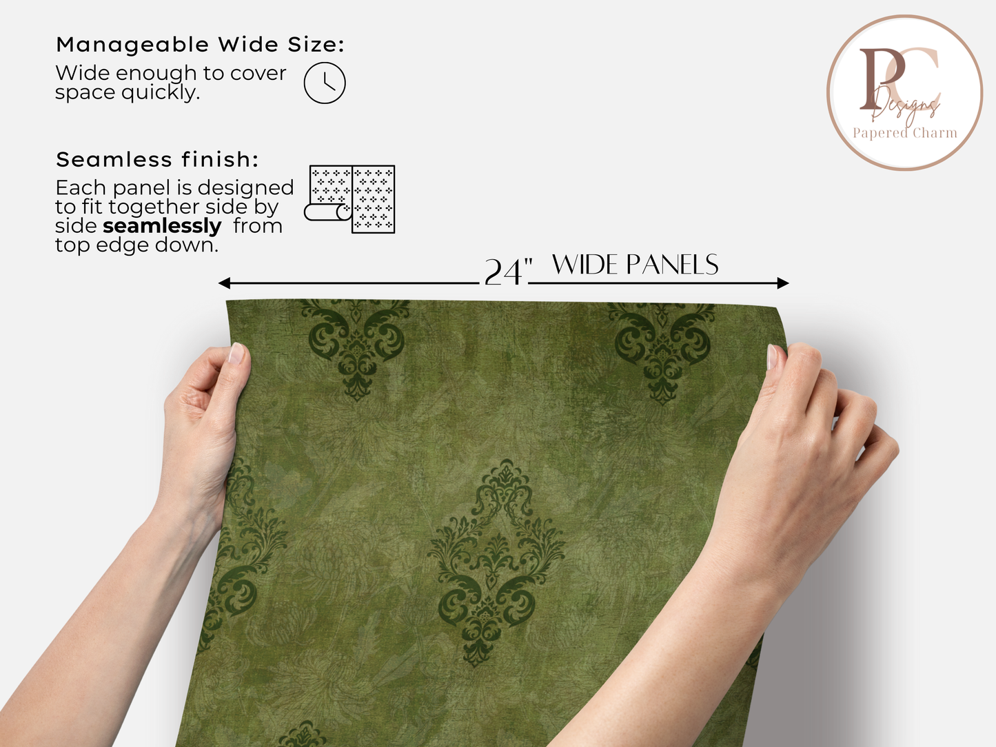 Weathered Green Damask Wallpaper -Vintage Floral