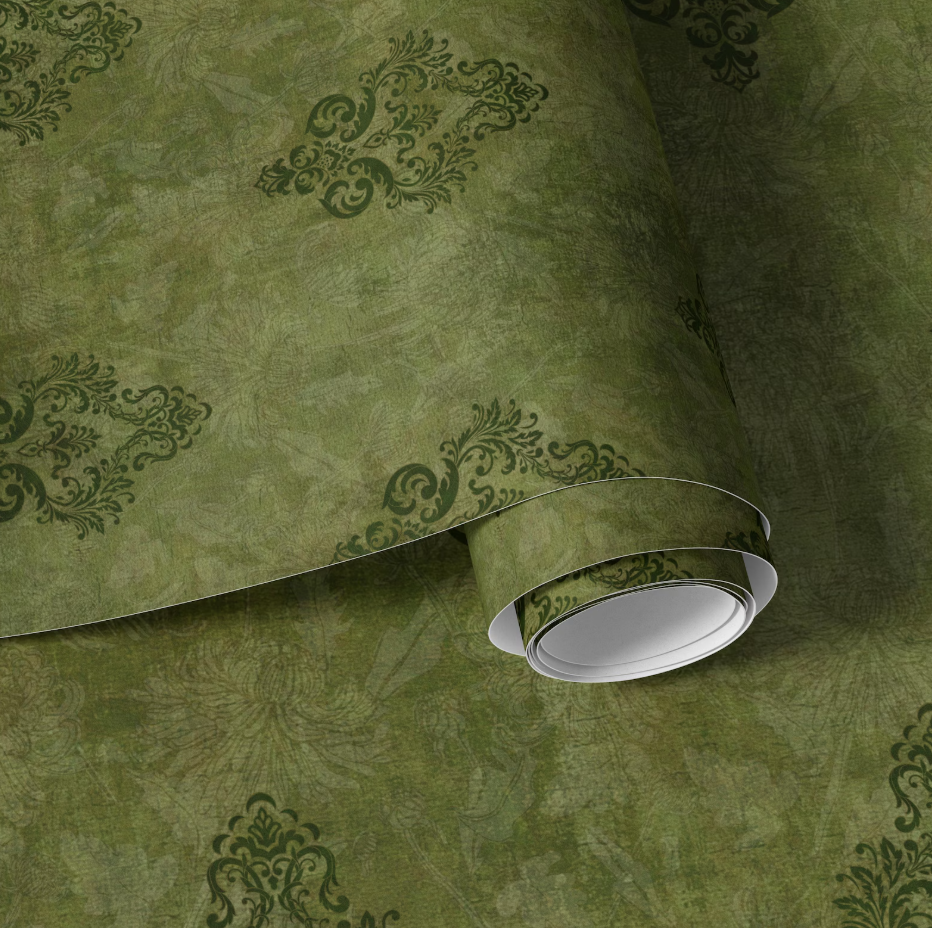 Weathered Green Damask Wallpaper -Vintage Floral