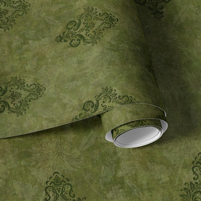 Weathered Green Damask Wallpaper -Vintage Floral