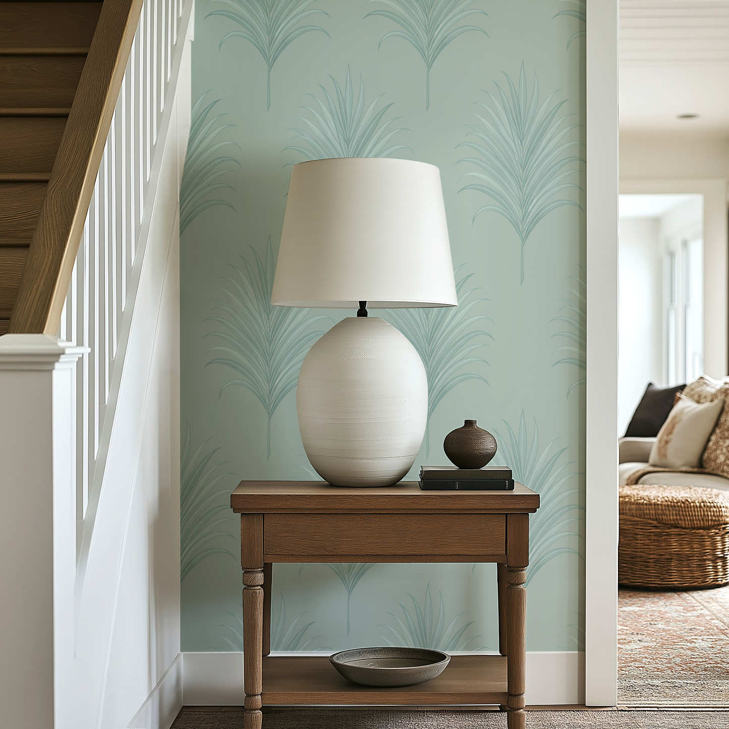 Coastal Palm Wallpaper | Sea Green Tropical Leaf Accent Wall | Art Deco Style | Beach House Wall Mural | Removable Peel and Stick & Unpasted